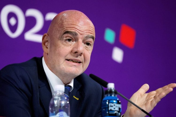FIFA President Gianni Infantino gives a press conference Qatar National Convention Center (QNCC) in Doha on December 16, 2022, during the Qatar 2022 World Cup football tournament. (Photo by Odd ANDERSEN / AFP) (Photo by ODD ANDERSEN/AFP via Getty Images)