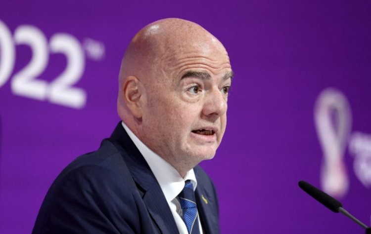 DOHA, QATAR - DECEMBER 16: FIFA President Gianni Infantino speaks to media during the Press Conference ahead of the Third Place and Final matches of FIFA World Cup Qatar 2022 at the Main Media Center on December 16, 2022 in Doha, Qatar. (Photo by Alex Pantling/Getty Images)