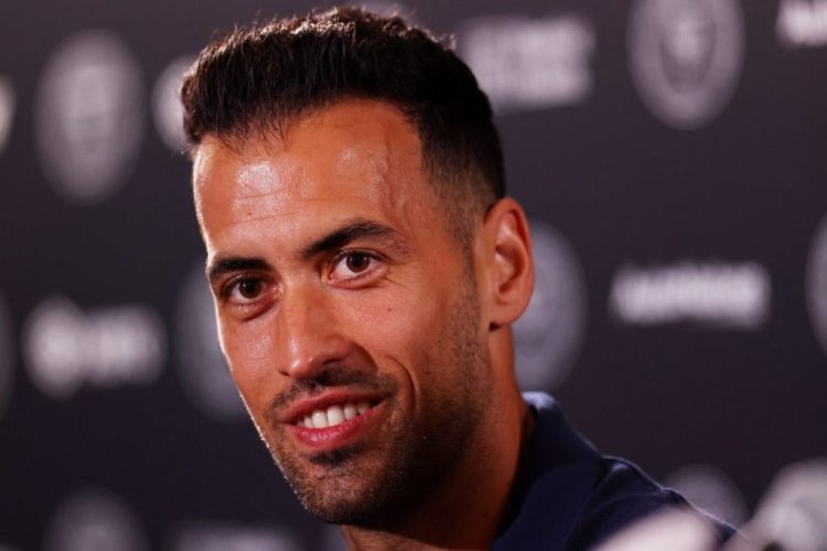 FORT LAUDERDALE, FLORIDA - JULY 18: Sergio Busquets #5 of FC Barcelona fields questions from the media during a press conference ahead of the preseason friendly against Inter Miami CF at DRV PNK Stadium on July 18, 2022 in Fort Lauderdale, Florida. (Photo by Michael Reaves/Getty Images)