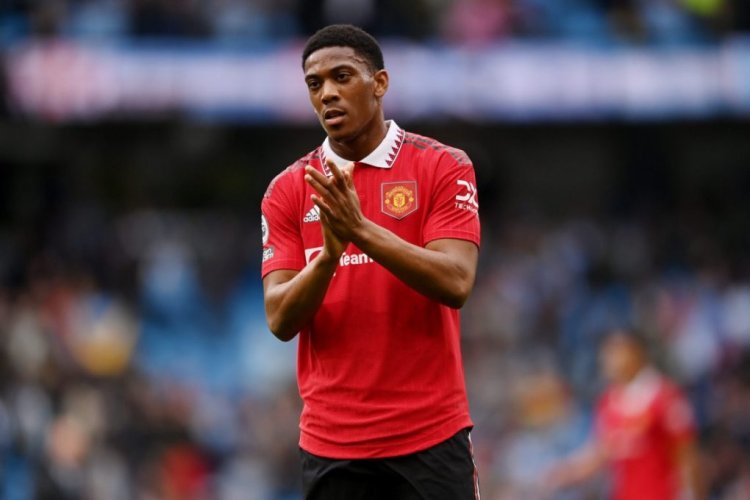 MANCHESTER, ENGLAND - OCTOBER 02: Anthony Martial of Manchester United interacts with the crowd following the Premier League match between Manchester City and Manchester United at Etihad Stadium on October 02, 2022 in Manchester, England. (Photo by Laurence Griffiths/Getty Images)