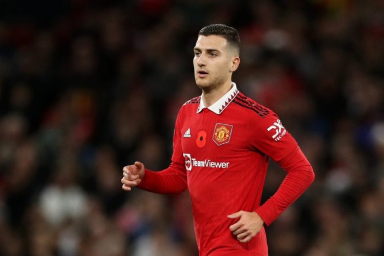 MANCHESTER, ENGLAND - NOVEMBER 10: Diogo Dalot of Manchester United looks on during the Carabao Cup Third Round match between Manchester United and Aston Villa at Old Trafford on November 10, 2022 in Manchester, England. (Photo by Lewis Storey/Getty Images)