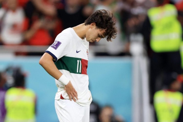 DOHA, QATAR - DECEMBER 10: Joao Felix of Portugal shows dejection after the team's 0-1 defeat in the FIFA World Cup Qatar 2022 quarter final match between Morocco and Portugal at Al Thumama Stadium on December 10, 2022 in Doha, Qatar. (Photo by Buda Mendes/Getty Images)