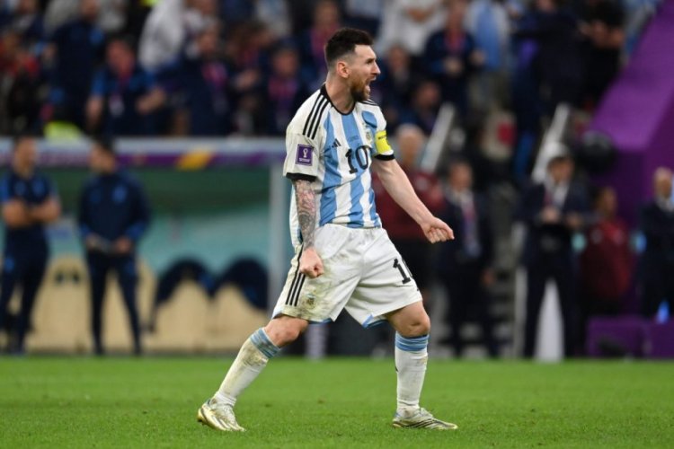 LUSAIL CITY, QATAR - DECEMBER 09: Lionel Messi of Argentina celebrates after the team's victory in the penalty shoot out during the FIFA World Cup Qatar 2022 quarter final match between Netherlands and Argentina at Lusail Stadium on December 09, 2022 in Lusail City, Qatar. (Photo by Dan Mullan/Getty Images)
