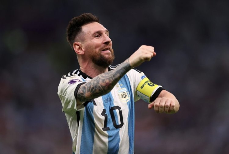 LUSAIL CITY, QATAR - DECEMBER 09:  Lionel Messi of Argentina celebrates after the win in the penalty shootout during the FIFA World Cup Qatar 2022 quarter final match between Netherlands and Argentina at Lusail Stadium on December 09, 2022 in Lusail City, Qatar. (Photo by Julian Finney/Getty Images)
