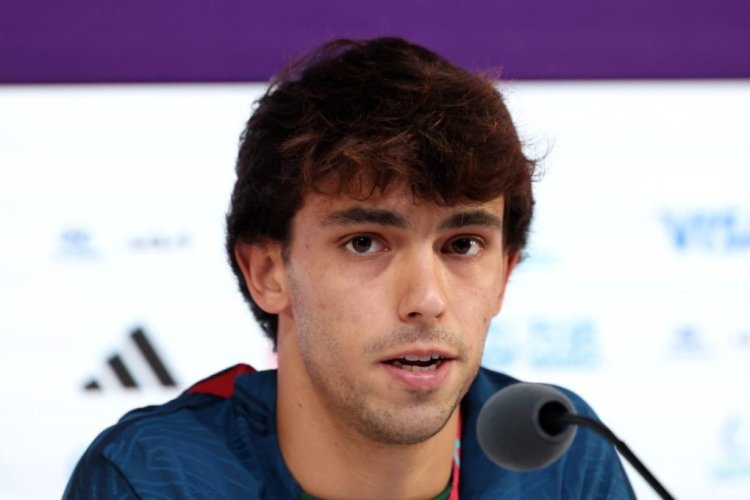 DOHA, QATAR - DECEMBER 09: Joao Felix of Portugal speaks during the Portugal press conference on match day -1 at main media center on December 09, 2022 in Doha, Qatar. (Photo by Alexander Hassenstein/2022 Getty Images)