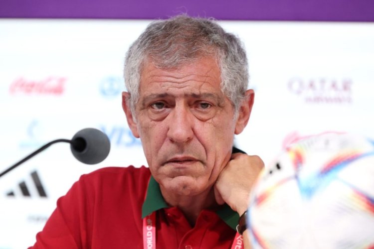 DOHA, QATAR - DECEMBER 09: Fernando Santos, Head Coach of Portugal, reacts during the Portugal press conference on match day -1 at main media center on December 09, 2022 in Doha, Qatar. (Photo by Alexander Hassenstein/2022 Getty Images)