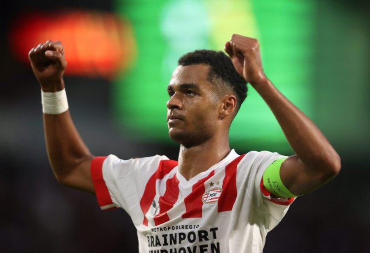 EINDHOVEN, NETHERLANDS - SEPTEMBER 08: Cody Gakpo of PSV Eindhoven celebrates after scoring their team's first goal during the UEFA Europa League group A match between PSV Eindhoven and FK Bodo/Glimt at Phillips Stadium on September 08, 2022 in Eindhoven, Netherlands. (Photo by Dean Mouhtaropoulos/Getty Images)