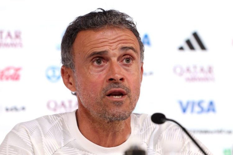 DOHA, QATAR - DECEMBER 05:  Luis Enrique, Head Coach of Spain talks during Spain Press Conference on match day -1 at main media center on December 05, 2022 in Doha, Qatar. (Photo by Alexander Hassenstein/Getty Images)