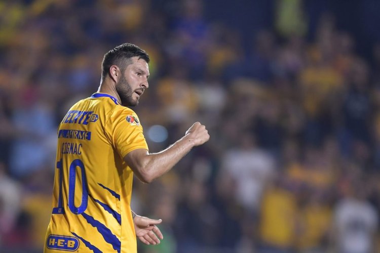 MONTERREY, MEXICO - APRIL 16: Andre-Pierre Gignac of Tigres celebrates after scoring his team's third goal during the 14th round match between Tigres UANL v Toluca as part of the Torneo Grita Mexico C22 Liga MX at Universitario Stadium on April 16, 2022 in Monterrey, Mexico. (Photo by Azael Rodriguez/Getty Images)
