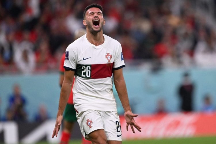 TOPSHOT - Portugal's forward #26 Goncalo Ramos reacts to a missed opportunity during the Qatar 2022 World Cup quarter-final football match between Morocco and Portugal at the Al-Thumama Stadium in Doha on December 10, 2022. (Photo by Kirill KUDRYAVTSEV / AFP) (Photo by KIRILL KUDRYAVTSEV/AFP via Getty Images)