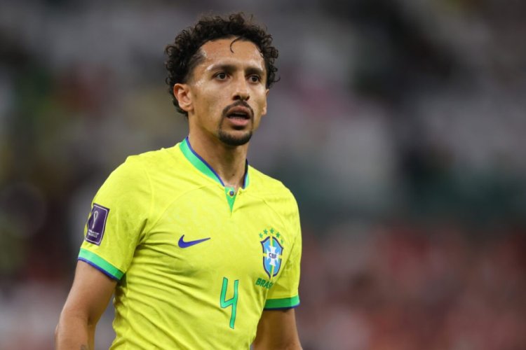 AL RAYYAN, QATAR - DECEMBER 09: Marquinhos of Brazil reacts during the FIFA World Cup Qatar 2022 quarter final match between Croatia and Brazil at Education City Stadium on December 09, 2022 in Al Rayyan, Qatar. (Photo by Alex Grimm/Getty Images)