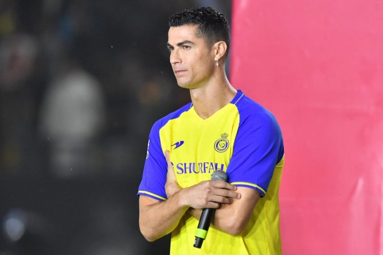 Al-Nassr's new Portuguese forward Cristiano Ronaldo takes the stage during his unveiling at the Mrsool Park Stadium in the Saudi capital Riyadh on January 3, 2023. (Photo by AFP) (Photo by -/AFP via Getty Images)