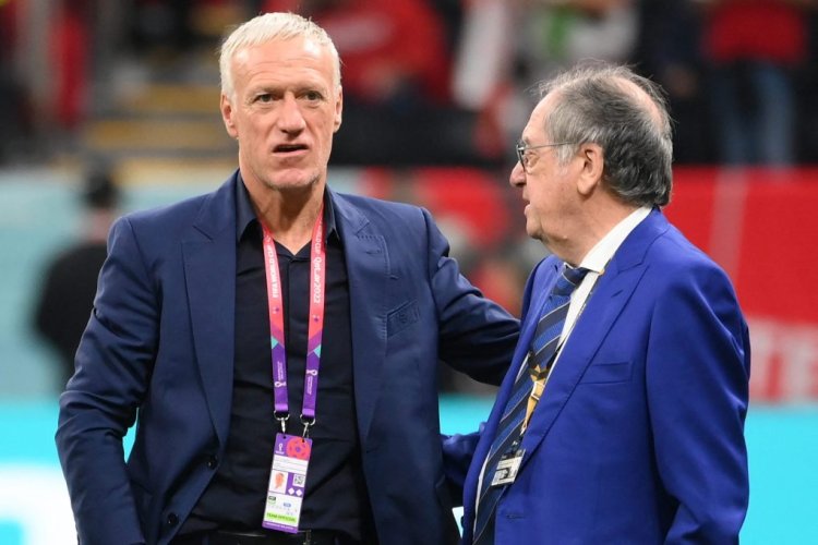 France's coach Didier Deschamps speaks with French Football Federation (FFF) President Noel Le Graet ahead of the Qatar 2022 World Cup semi-final football match between France and Morocco at the Al-Bayt Stadium in Al Khor, north of Doha on December 14, 2022. (Photo by FRANCK FIFE / AFP) (Photo by FRANCK FIFE/AFP via Getty Images)