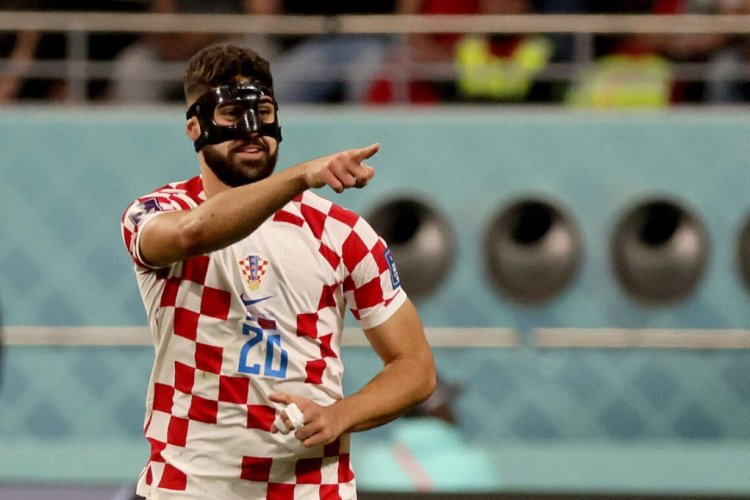 Croatia's defender #20 Josko Gvardiol celebrates scoring the opening goal during the Qatar 2022 World Cup third place play-off football match between Croatia and Morocco at Khalifa International Stadium in Doha on December 17, 2022. (Photo by JACK GUEZ / AFP) (Photo by JACK GUEZ/AFP via Getty Images)