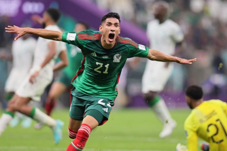 TOPSHOT - Mexico's midfielder #21 Uriel Antuna celebrates after scoring his team's third goal which was ruled out for off-side during the Qatar 2022 World Cup Group C football match between Saudi Arabia and Mexico at the Lusail Stadium in Lusail, north of Doha on November 30, 2022. (Photo by KARIM JAAFAR / AFP) (Photo by KARIM JAAFAR/AFP via Getty Images)
