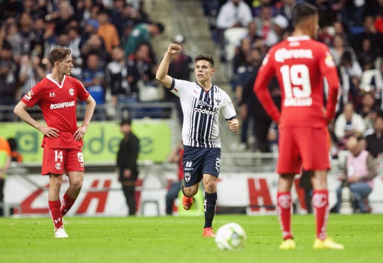 Monterrey's Alfonso Gonzalez (C)  celebrates after scoring against Toluca during the  Mexican Clausura 2023 tournament football match in Monterrey, Mexico, on February 5, 2023. (Photo by Julio Cesar AGUILAR / AFP) (Photo by JULIO CESAR AGUILAR/AFP via Getty Images)