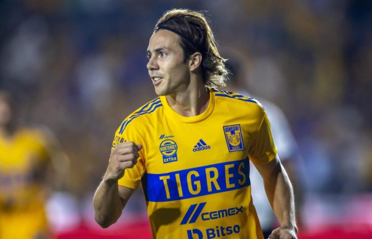 Tigres' Mexican midfielder Sebastian Cordova celebrates after scoring against Monterrey during the Mexican Clausura football tournament match between Tigres and Monterrey at Universitario stadium in Monterrey, Mexico, on May 17, 2023. (Photo by Julio Cesar AGUILAR / AFP) (Photo by JULIO CESAR AGUILAR/AFP via Getty Images)