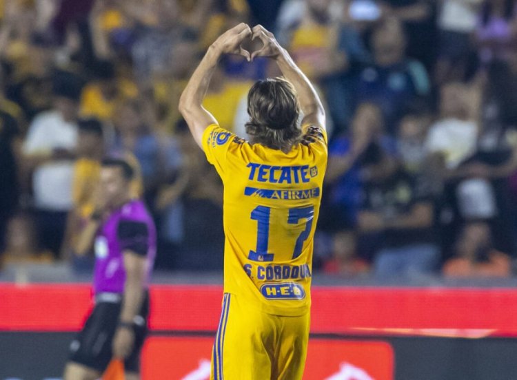 Tigres' Sebastian Cordova celebrates after scoring against Puebla during their Mexican Clausura football tournament match at the Universitario stadium in Monterrey, Mexico, on May 7, 2023. (Photo by Julio Cesar AGUILAR / AFP) (Photo by JULIO CESAR AGUILAR/AFP via Getty Images)